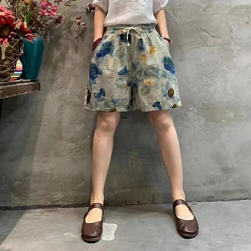 

Women's Culottes Wide Leg Shorts Cotton Blend Green Blue Yellow Mid Waist Casual / Sporty Athleisure Tactical Casual Weekend Print Micro-elastic Short Comfort Flower / Floral L XL / Loose Fit