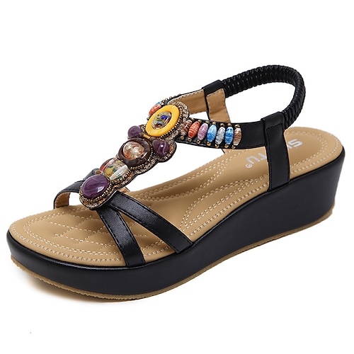 

Women's Sandals Wedge Sandals Wedge Heels Wedge Heel Round Toe Open Toe Elegant Casual Daily Office Walking Shoes PU Leather Elastic Band Spring Summer Solid Colored Almond Black