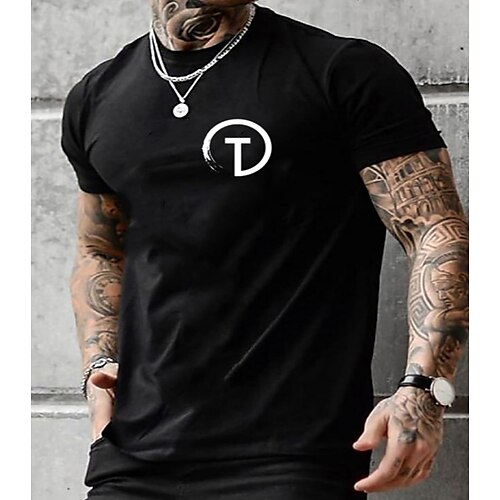 

Men's T shirt Solid Color Letter Crew Neck Casual Daily Short Sleeve Tops Casual Black