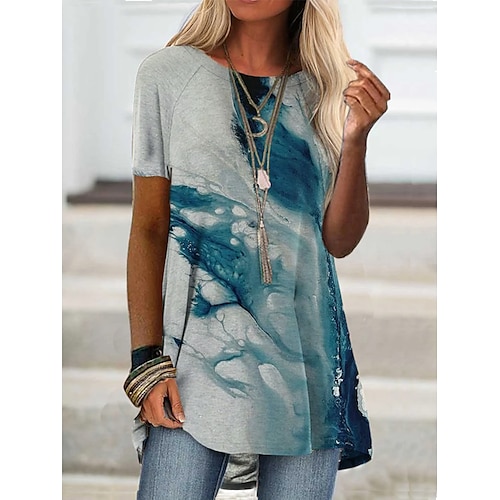 

Women's T shirt Tee Green Tie Dye Print Short Sleeve Daily Basic Round Neck Long Painting S / 3D Print