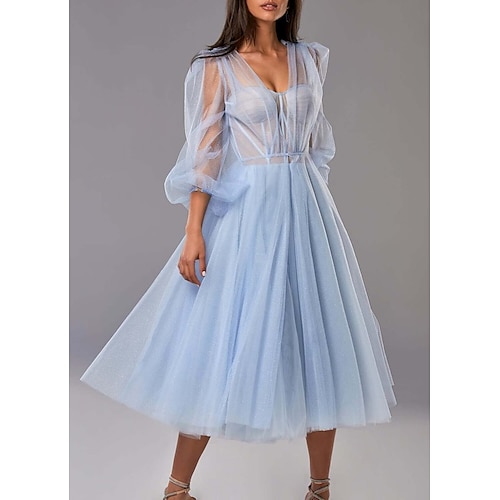 

Two Piece A-Line Prom Dresses Elegant Dress Wedding Guest Tea Length Half Sleeve Sweetheart Neckline Tulle with Pleats Pure Color 2022