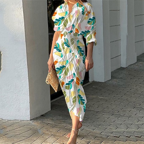 

Women's Bodycon Sheath Dress Long Dress Maxi Dress Green Purple Half Sleeve Floral Print Fall Spring Autumn V Neck Loose Fit 2023 S M L XL