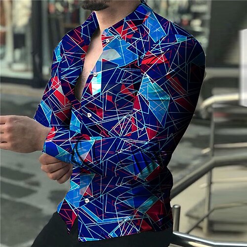 

Men's Shirt 3D Print Color Block Geometry Turndown Street Casual Button-Down Print Long Sleeve Tops Casual Fashion Designer Breathable Blue