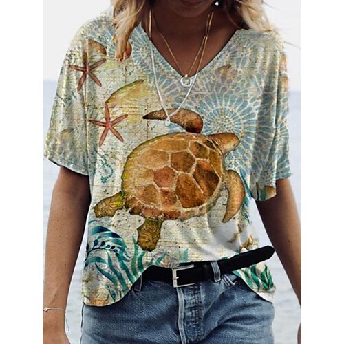 

Women's Casual Holiday Weekend Painting T shirt Tee Ocean Short Sleeve Print V Neck Basic Tops Green Yellow S / 3D Print