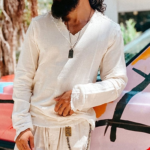 

Men's Shirt Solid Color V Neck Street Casual Long Sleeve Tops Casual Fashion Comfortable Beach White