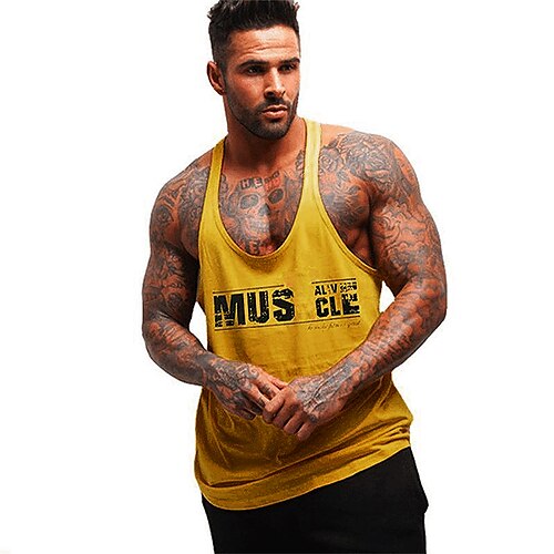 

Men's Tank Top Vest Graphic Letter Round Neck Blue Yellow Red White Black Daily Sports Sleeveless Print Clothing Apparel Active / Summer / Summer / Slim