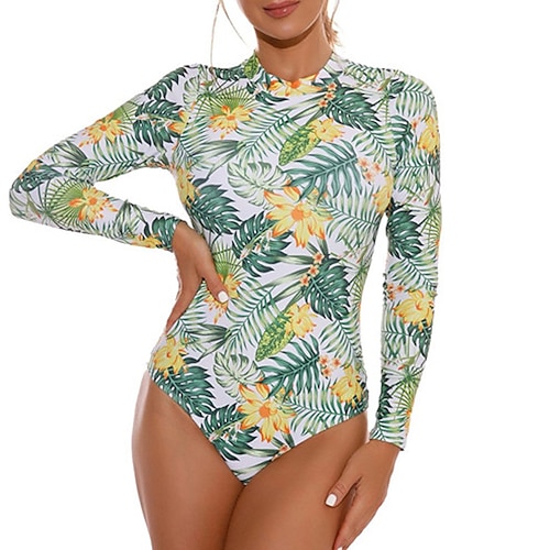 

Mulheres Roupa de Banho Anti-Assaduras Mergulho Normal roupa de banho Estampado Zip Up Cintura alta Floral Folha Verde Gola Alta Fatos de banho Esportivo Férias Moda / Moderno / novo / Com Bojo