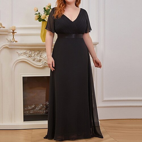 

Women's Plus Size Party Dress Solid Color V Neck Short Sleeve Spring Summer Vintage Maxi long Dress Party Work Dress / Black Dress