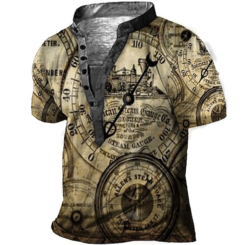 

Men's T shirt Tee Henley Shirt Tee Graphic Compass Stand Collar Khaki 3D Print Plus Size Outdoor Daily Short Sleeve Button-Down Print Clothing Apparel Basic Designer Casual Big and Tall / Summer
