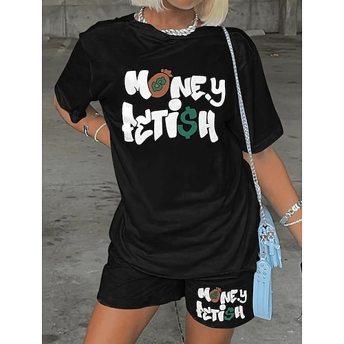 

Women's Loungewear Sets Nighty Letter Comfort Sport Home Daily Polyester Crew Neck Short Sleeve T shirt Tee Print Spring Summer Black