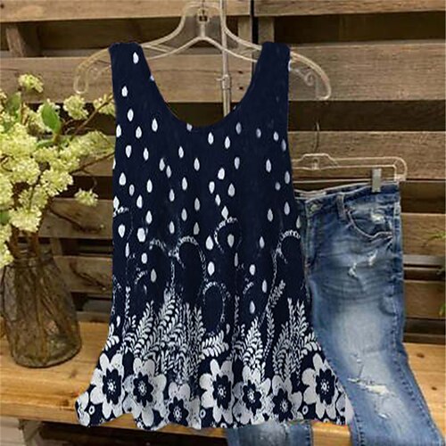 

Women's Plus Size Tops Blouse Shirt Floral Print Sleeveless Crewneck Streetwear Daily Holiday Cotton Spandex Jersey Spring Summer Blue Wine