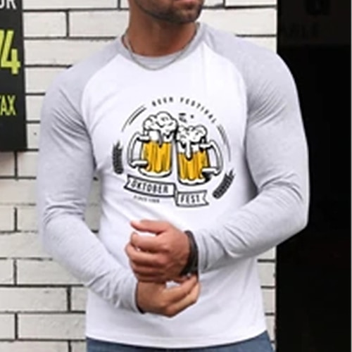 

Men's T shirt Tee Hot Stamping Graphic Color Block Beer Crew Neck Street Casual Long Sleeve Tops Basic Fashion Classic Comfortable Black Gray