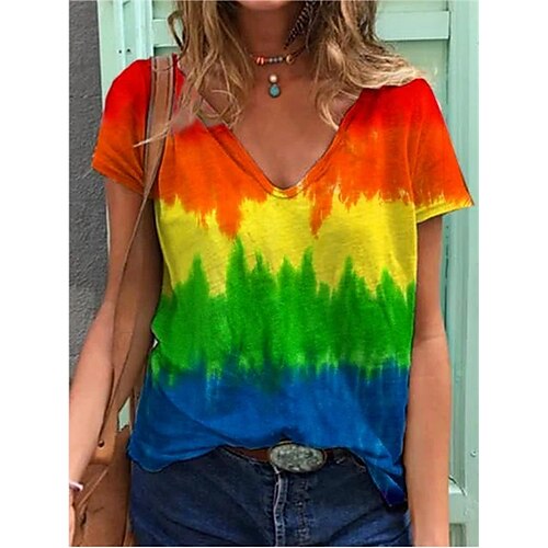 

Women's T shirt Tee Rainbow Rainbow Color Gradient Patchwork Print Short Sleeve Casual Daily Basic V Neck Regular S