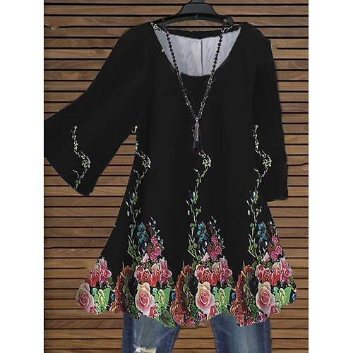 

Women's Plus Size Tops Blouse Shirt Floral Print 3/4 Length Sleeve Crewneck Streetwear Daily Holiday Cotton Spandex Jersey Spring Summer Black