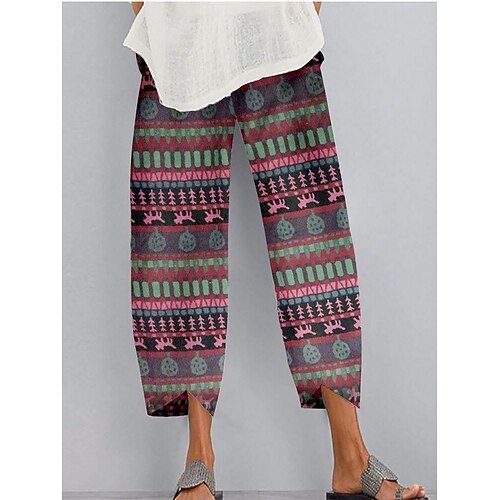 

Women's Chinos Pants Trousers Faux Linen Blue Red Mid Waist Casual / Sporty Athleisure Casual Weekend Print Micro-elastic Ankle-Length Comfort Graphic S M L XL XXL / Loose Fit