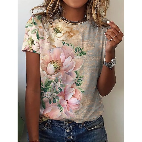 

Women's T shirt Tee Rainbow Floral Plants Print Short Sleeve Casual Daily Basic Round Neck Regular Floral S / 3D Print