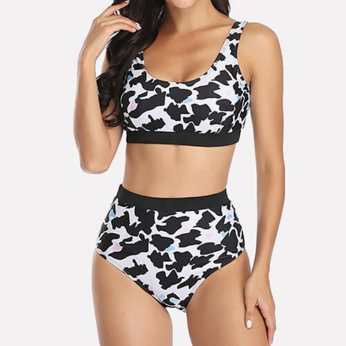 

Mulheres Roupa de Banho Biquíni 2 partes Normal roupa de banho Sem costas Estampado Cintura alta Xadrez Vacas leiteiras Branco Preto Malha Íntima Decote em U Fatos de banho Sensual Férias Moda / novo