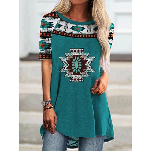 

Women's Casual Daily Going out Bohemian Theme Geometric T shirt Tee Graphic Tribal Short Sleeve Print Round Neck Ethnic Vintage Boho Tops Loose Green S / 3D Print