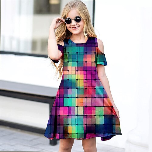 

Kids Girls' Dress Plaid A Line Dress Above Knee Dress Daily Print Short Sleeve Cute Dress 3-12 Years Spring Rainbow
