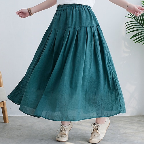 

Women's Skirt Swing Maxi Linen / Cotton Blend Green Yellow Red Beige Skirts Summer Pleated Without Lining Fashion Casual Daily Weekend L XL / Loose Fit