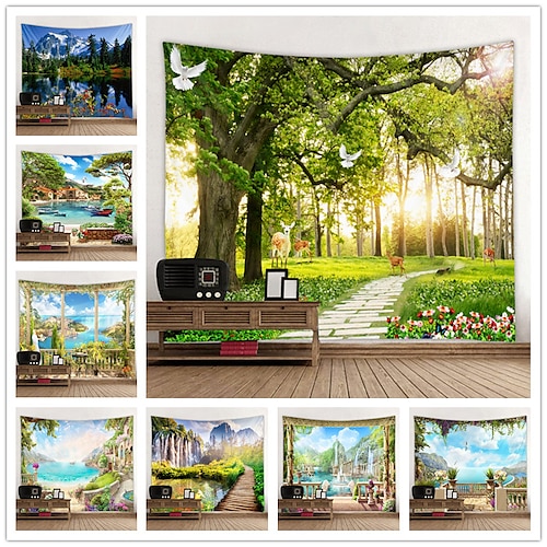 

beau paysage château navire tenture murale tapisserie art déco couverture rideau suspendu maison chambre salon décor