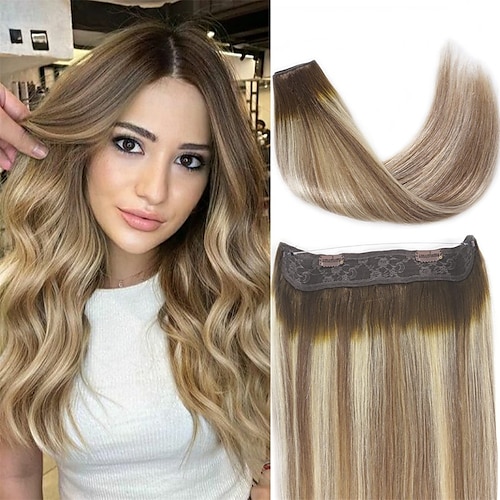 

Halo Hair Extensions Real Human Hair Straight Hair Extensions Invisible Wire Fish Line Hair Extensions Ash Brown and Bleach Blonde 10-26 Inch 100g Straight Filp on Hair Extensions For Women