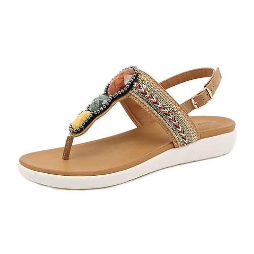 

Women's Sandals Boho Bohemia Beach Flat Sandals Rhinestone Flat Heel Round Toe Open Toe Elegant Casual Daily Office Walking Shoes PU Leather Buckle Spring Summer Solid Colored Black Burgundy Brown