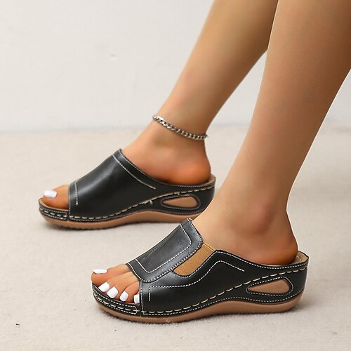 

Women's Mules Daily Plus Size Summer Wedge Heel Open Toe Casual PU Leather Loafer Solid Colored Black Beige Coffee