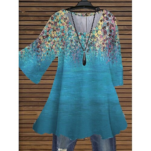 

Women's Plus Size Tops Blouse Shirt Floral Print 3/4 Length Sleeve Crewneck Streetwear Daily Holiday Cotton Spandex Jersey Spring Summer Green Blue
