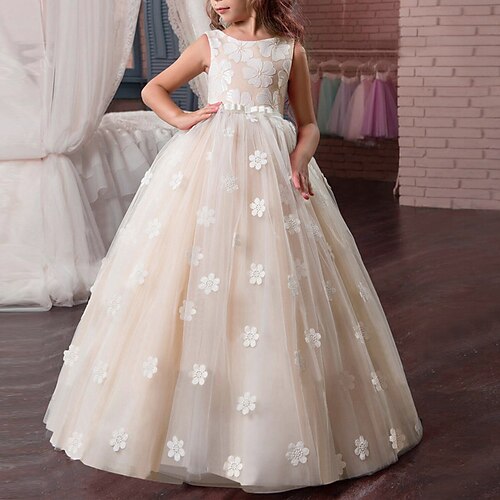 

Wedding Engagement Party Princess Flower Girl Dresses Jewel Neck Floor Length Tulle Spring Summer with Bow(s) Appliques Cute Girls' Party Dress Fit 3-16 Years