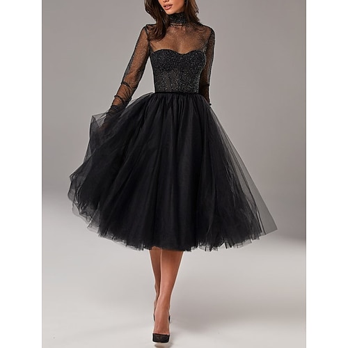 

A-Line Glittering Elegant Homecoming Cocktail Party Dress High Neck Long Sleeve Knee Length Tulle with Pleats Pure Color 2022