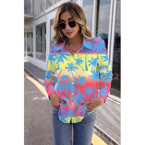 

Women's Daily Weekend Floral Blouse Shirt Tree Long Sleeve Button Print Shirt Collar Casual Streetwear Hawaiian Tops Green Yellow S / 3D Print