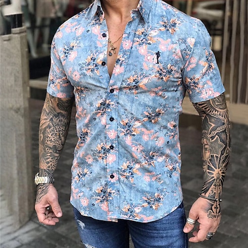 

Men's Shirt Floral Turndown Street Casual Button-Down Short Sleeve Tops Casual Fashion Comfortable Light Blue