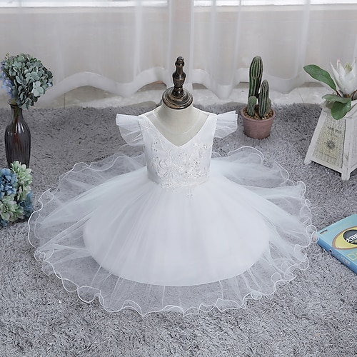 

Toddler Little Girls' Dress Solid Colored Flower Tulle Dress Party Daily Beaded Embroidered Bow Beige Knee-length Short Sleeve Princess Cute Dresses Spring Summer Slim 1-4 Years