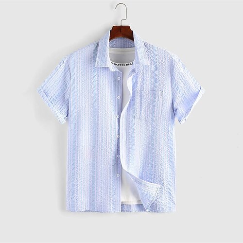 

Men's Shirt Hot Stamping Striped Graphic Turndown Street Casual Button-Down Print Short Sleeve Tops Casual Fashion Breathable Comfortable Blue