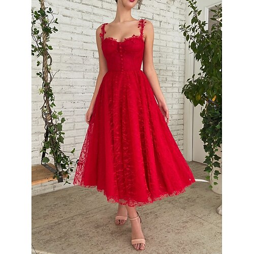 

A-Line Elegant Vintage Party Wear Wedding Guest Dress Sweetheart Neckline Sleeveless Ankle Length Lace with Buttons Pleats 2022