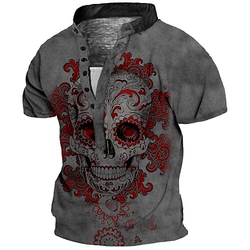 

Men's Henley Shirt Tee T shirt 3D Print Graphic Skull Plus Size Stand Collar Daily Sports Button-Down Print Short Sleeve Tops Basic Casual Designer Big and Tall Gray