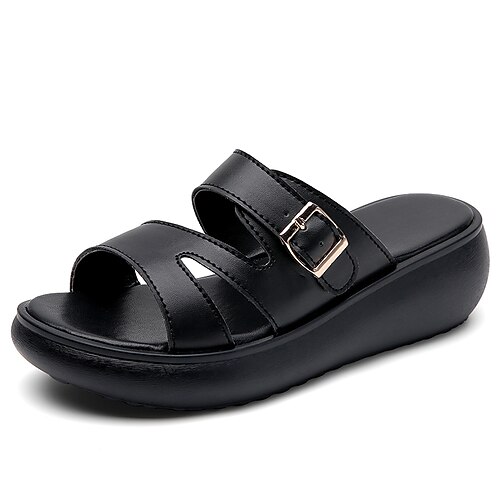 

Women's Slippers Outdoor Slippers Platform Slippers Summer Flat Heel Round Toe Casual PU Leather Loafer Black White
