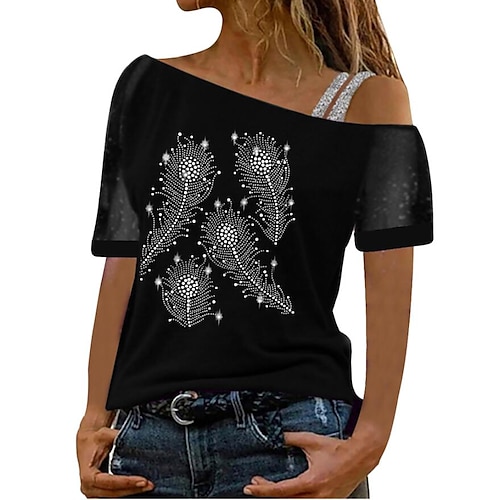 

Women's Shirt Graphic Patchwork Print Off Shoulder Casual Tops Green Blue Black