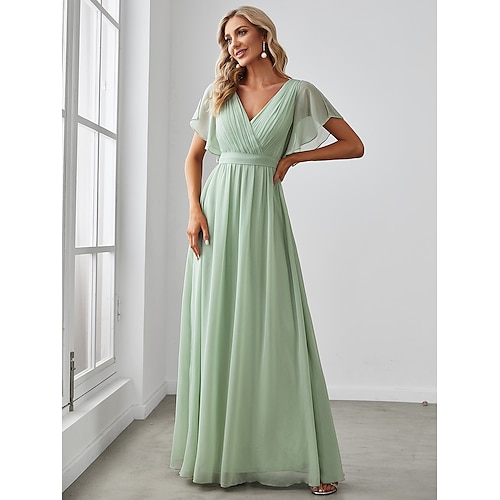 

A-linje Brudepikekjole V-hals Kortermet Elegant Elastisk chiffon med Drapert / Ensfarget 2022