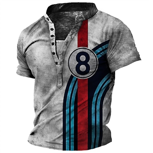 

Men's Henley Shirt Tee T shirt 3D Print Striped Graphic Plus Size Stand Collar Daily Sports Button-Down Print Short Sleeve Tops Basic Casual Designer Big and Tall Gray