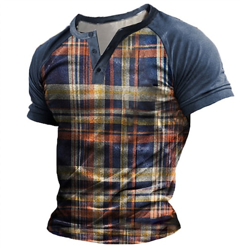 

Men's T shirt Tee Henley Shirt Tee Graphic Color Block Tartan Henley Green Blue Purple Navy Blue 3D Print Plus Size Outdoor Daily Short Sleeve Patchwork Button-Down Clothing Apparel Basic Designer