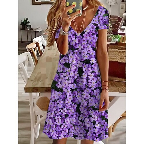 

Women's Casual Dress Midi Dress Purple Short Sleeve Print Spring Summer V Neck 2022 S M L XL XXL 3XL