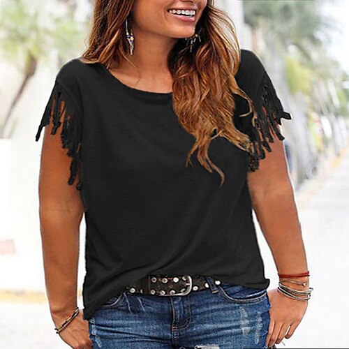 

Women's T shirt Tee Black White Purple Plain Tassel Fringe Tassel Short Sleeve Daily Vacation Streetwear Crew Neck Regular Cotton Plus Size L