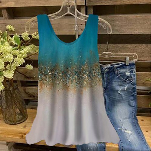 

Women's Plus Size Tops Blouse Shirt Color Gradient Print Sleeveless Crewneck Streetwear Daily Holiday Cotton Spandex Jersey Spring Summer Blue