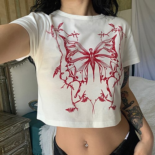 

Women's Casual Holiday Weekend Butterfly Painting Crop Tshirt T shirt Tee Butterfly Short Sleeve Print Round Neck Basic Tops White S