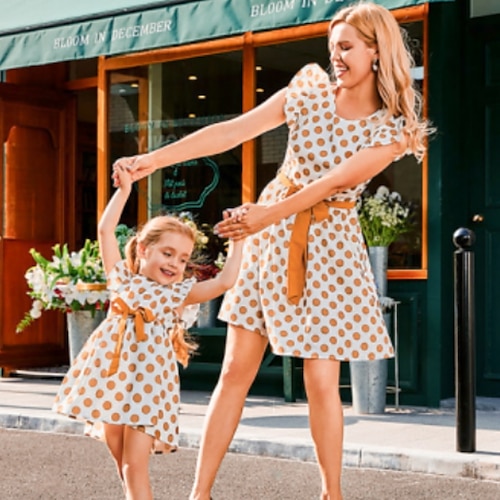 

Mommy and Me Dresses Polka Dot Street Drawstring Yellow Short Sleeve Above Knee Active Matching Outfits