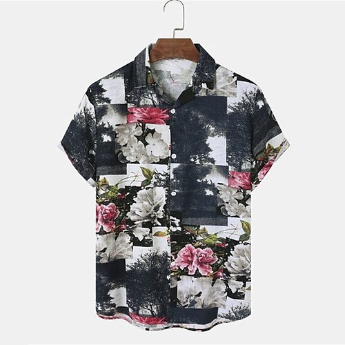 

Men's Shirt Floral Turndown Street Casual Button-Down Short Sleeve Tops Casual Fashion Comfortable Beach Black