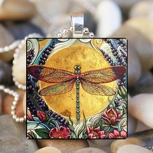 

Women's necklace Vintage Street Style & Glass Insect Pendant Necklace for Women / Dragonfly / Blue / Green / Yellow