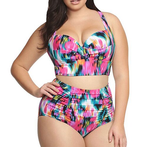 

Mujer Bañadores Bikini 2 piezas Talla Grande Traje de baño Frunce Relleno Estampado Cintura alta doblar Tie-dye Color puro Negro Azul Piscina Rosa Escote en V Trajes de baño nuevo Elegante Vacaciones